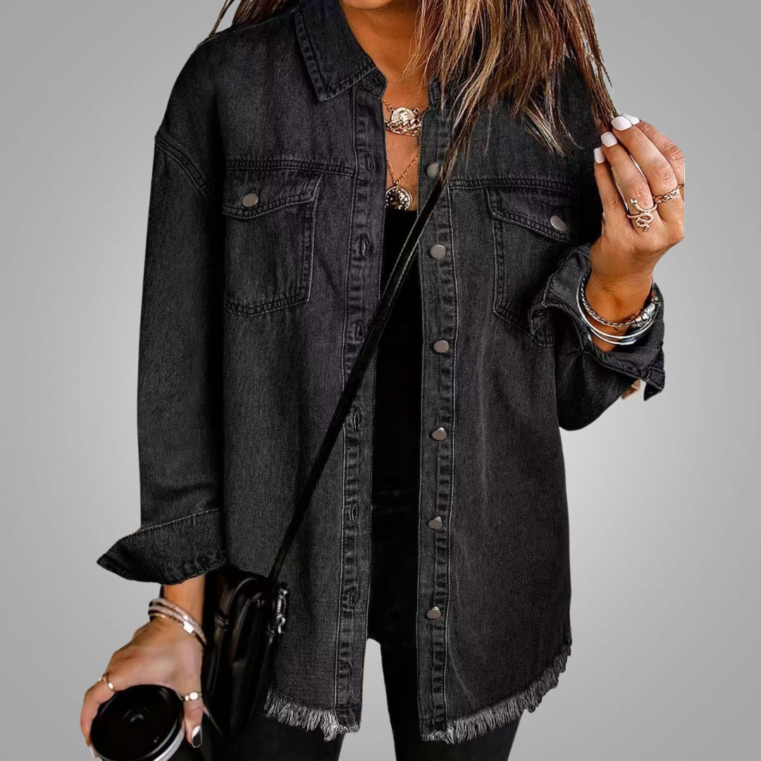Black Frayed-Hem Denim Jacket, front view