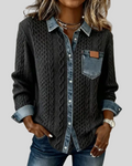 Black Cable Knit Denim-Trim Blouse, front view