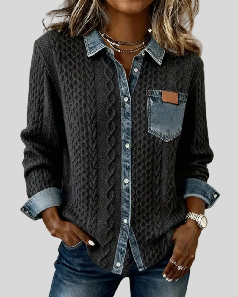 Black Cable Knit Denim-Trim Blouse, front view