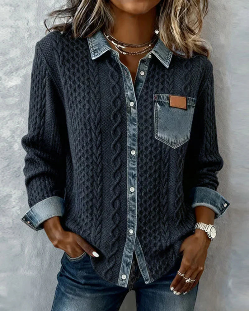 Black Cable Knit Denim-Trim Blouse