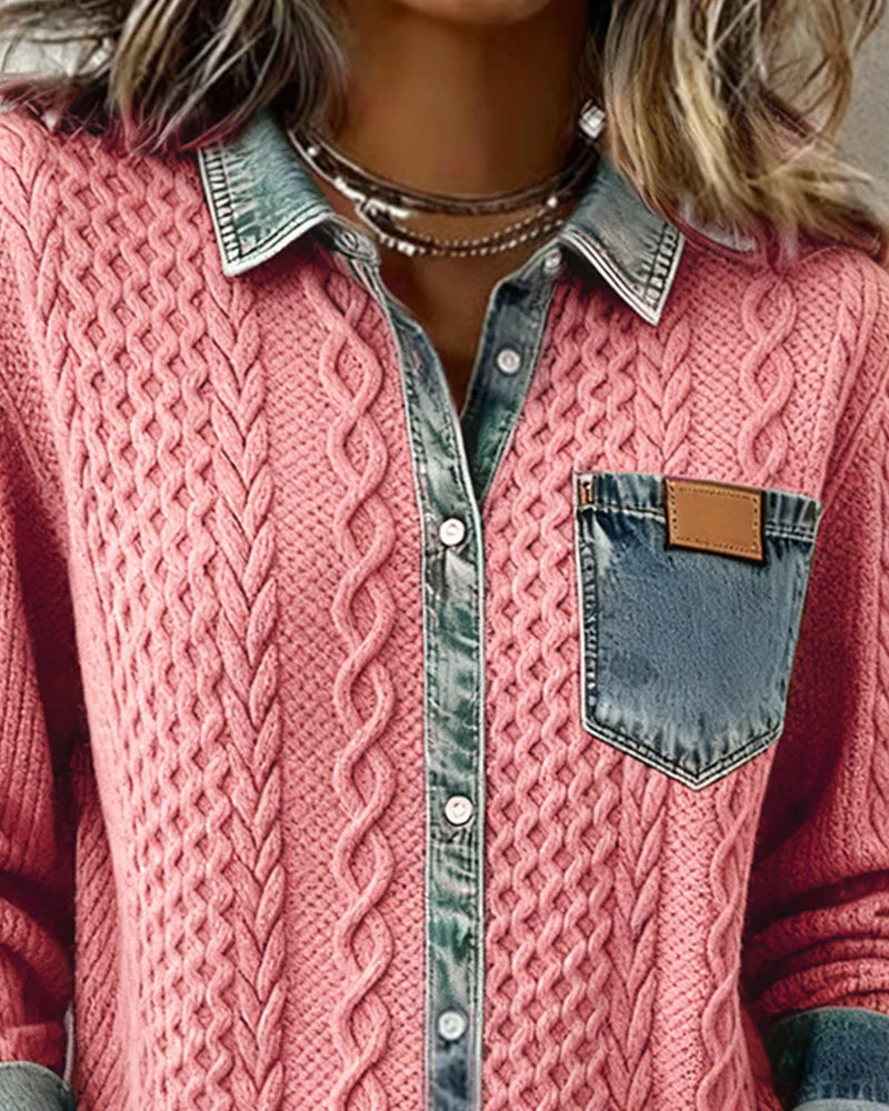 Black Cable Knit Denim-Trim Blouse