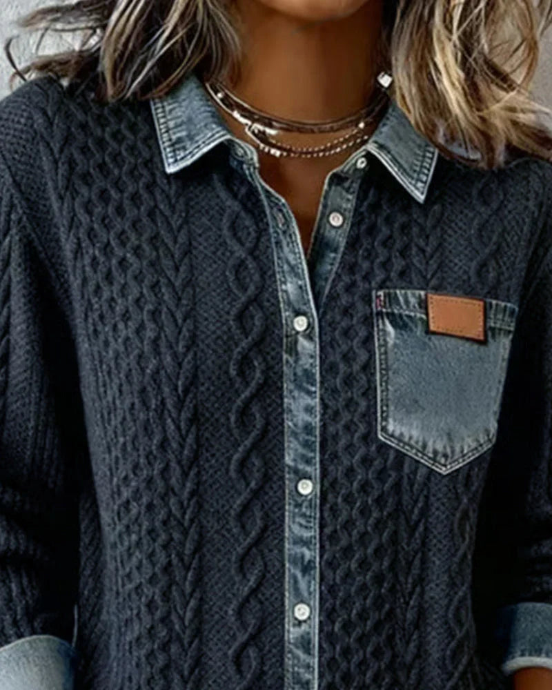Black Cable Knit Denim-Trim Blouse
