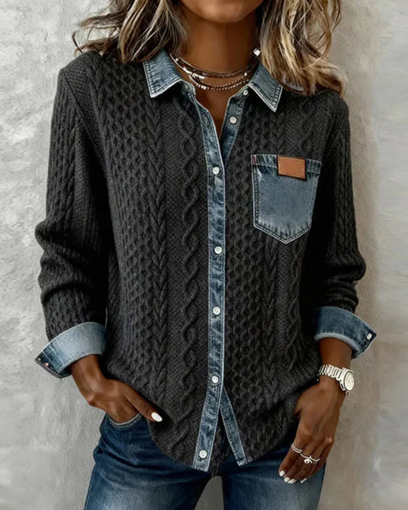 Black Cable Knit Denim-Trim Blouse