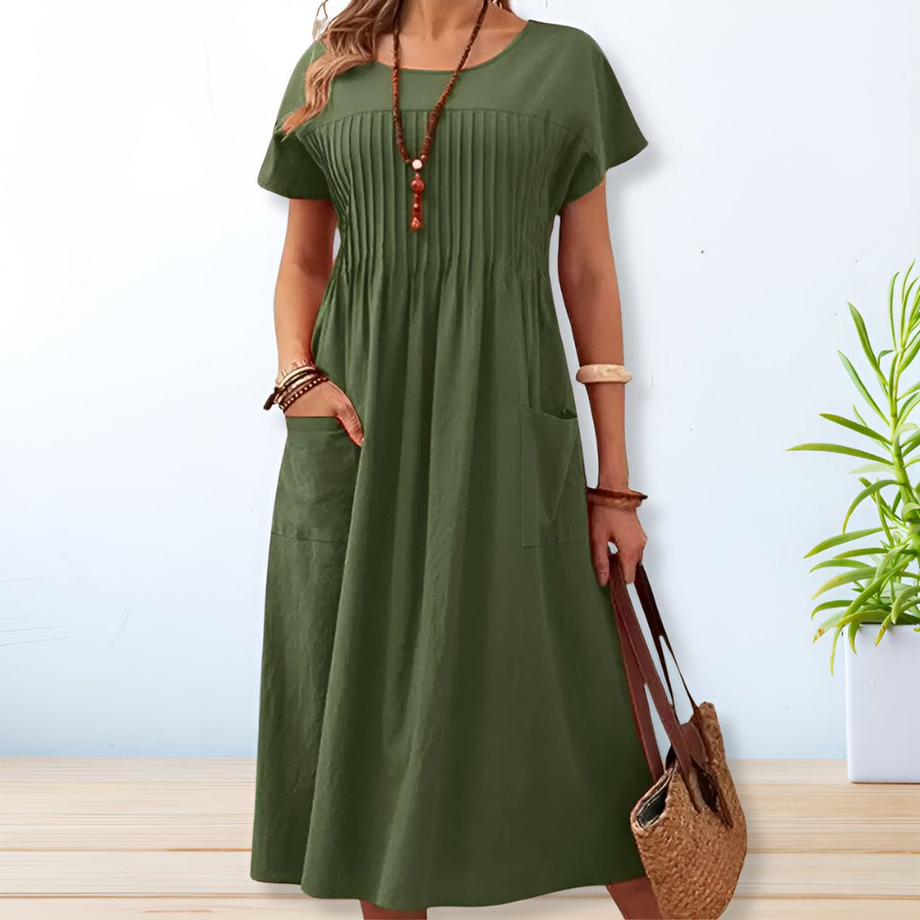 Relaxed Pleated Front Midi Dress with Pockets
