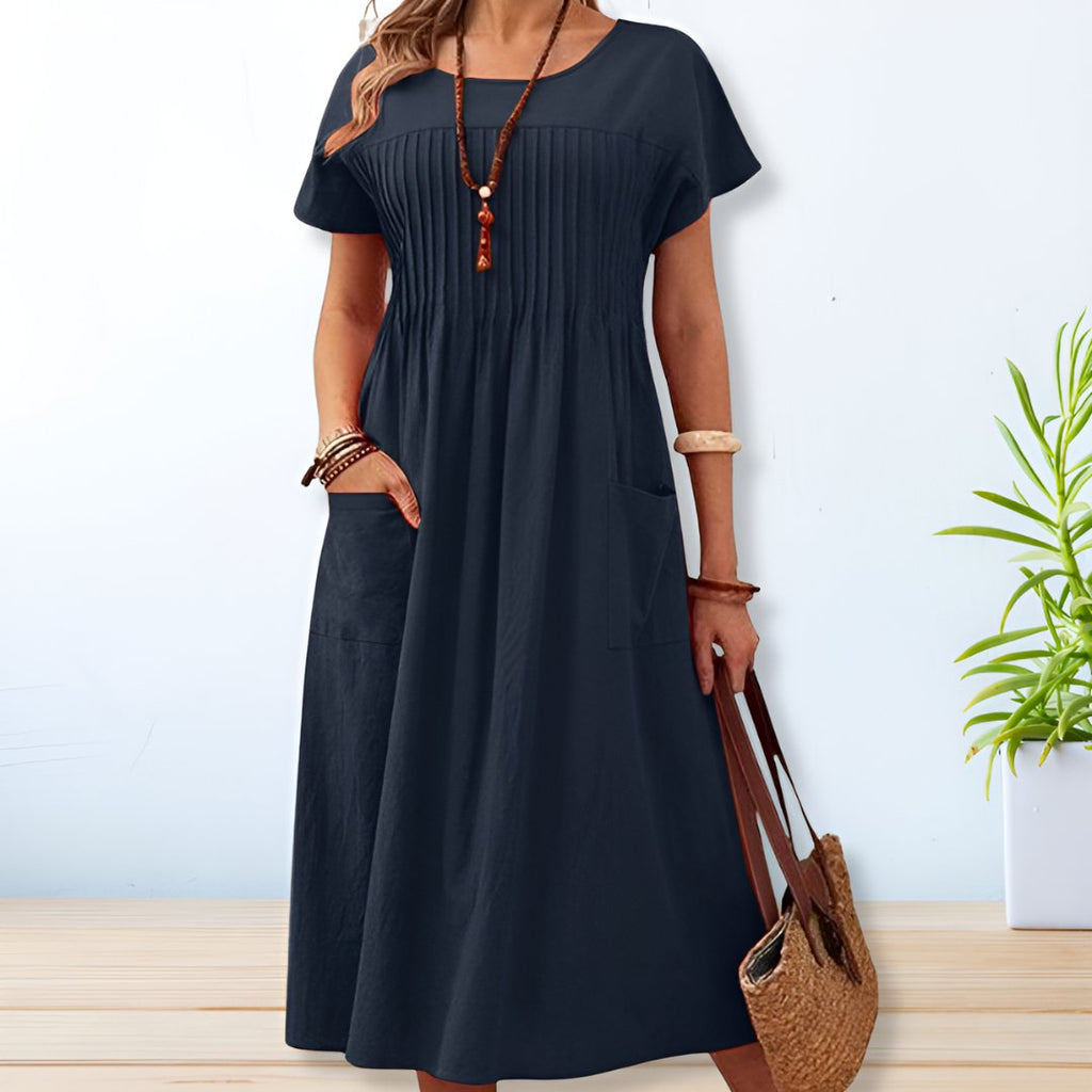 Relaxed Pleated Front Midi Dress with Pockets