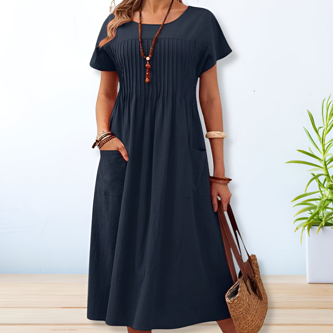 Relaxed Midi Dress with Pleated Front and Pockets