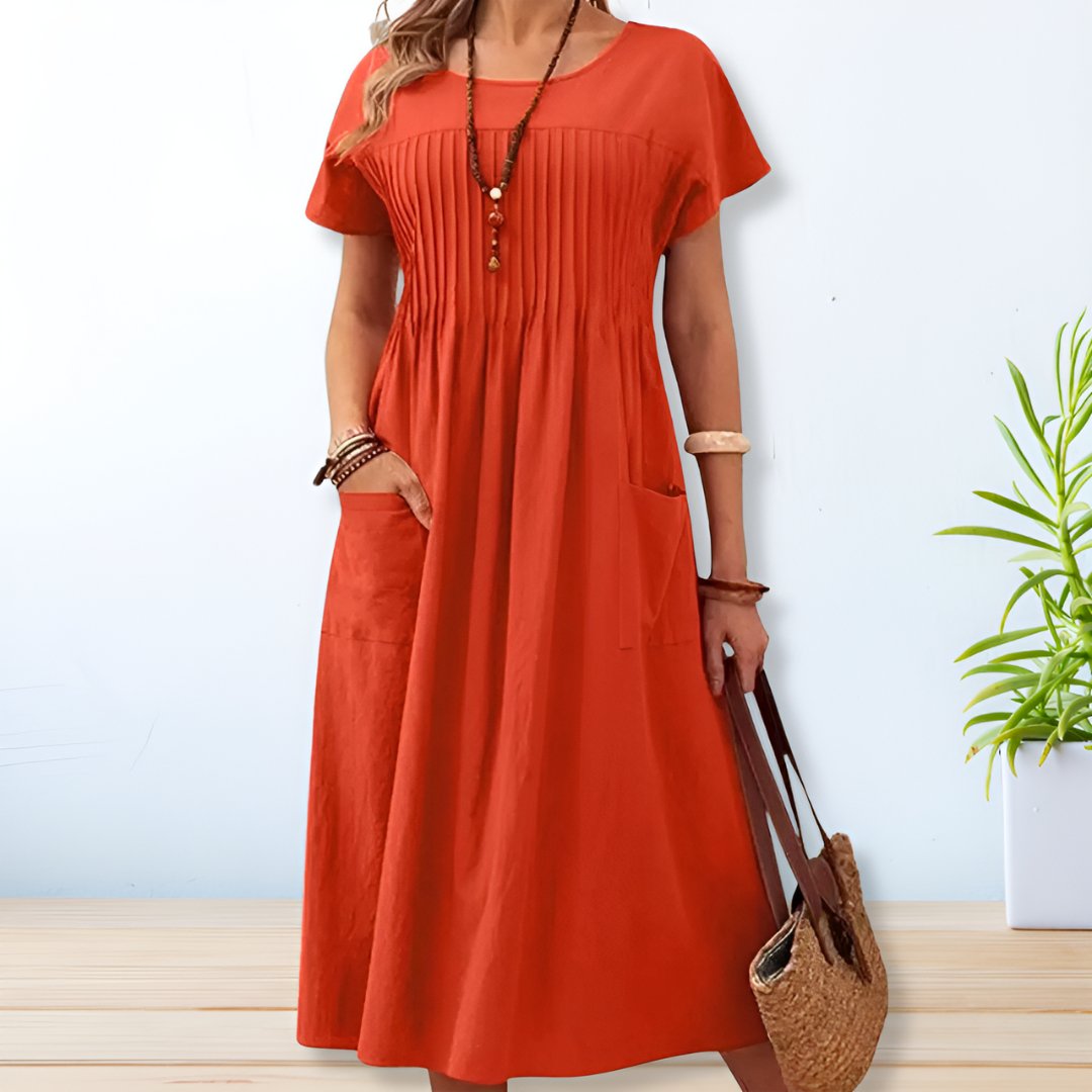 Relaxed Midi Dress with Pleated Front and Pockets