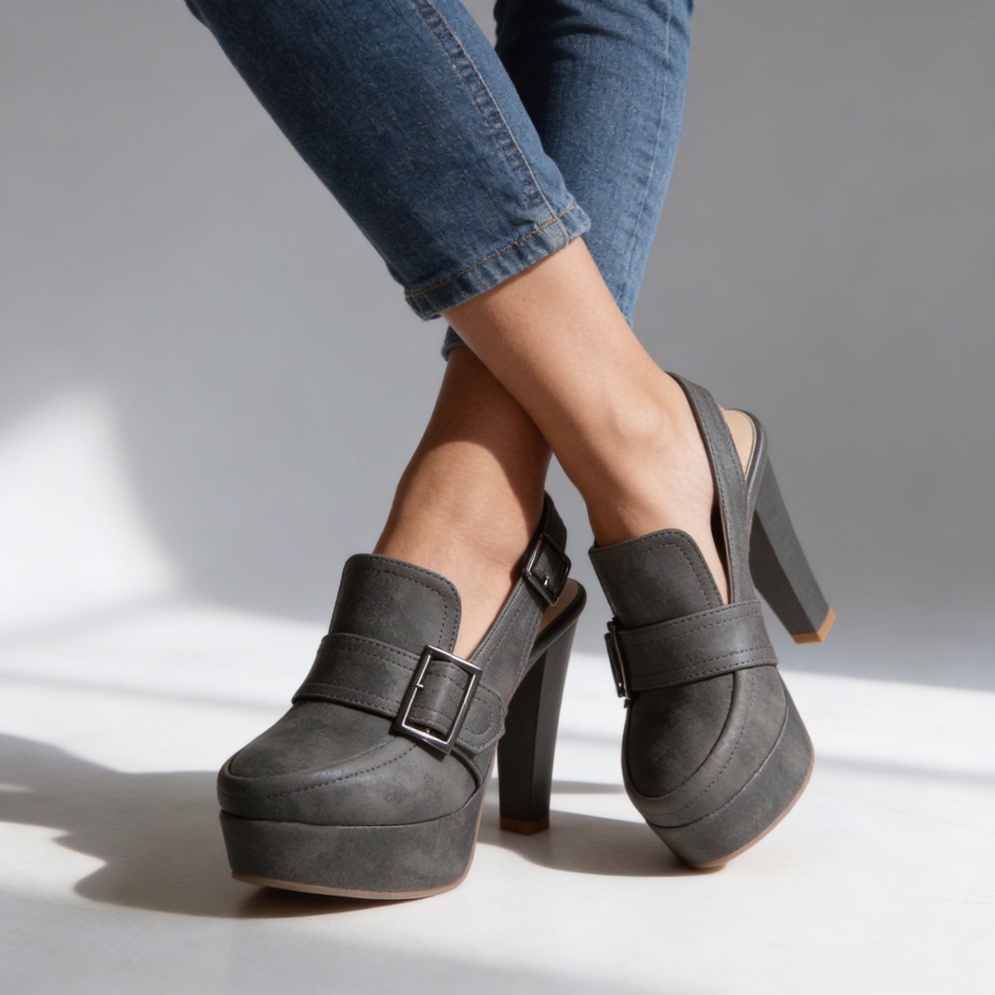 Gray slingback block Heels