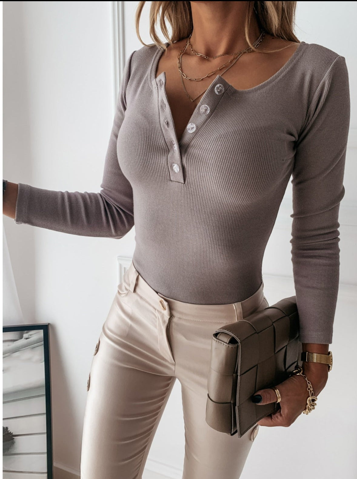 Apricot ribbed henley long sleeve bodysuit, front view