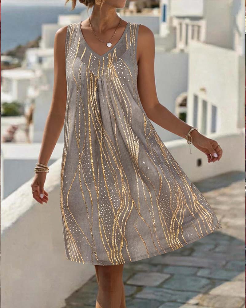Brown V-neck A-line sleeveless print mini dress, front view