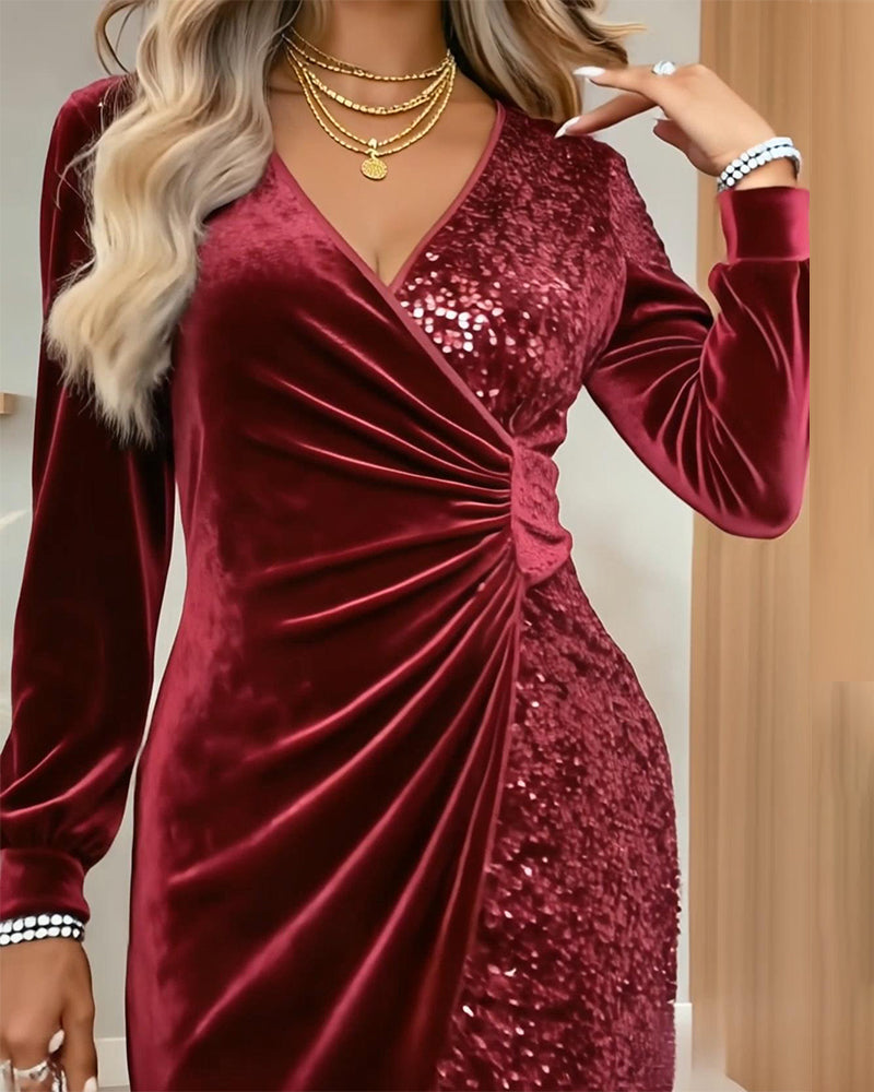 Yellow sequined velvet V-neck Formal Dress