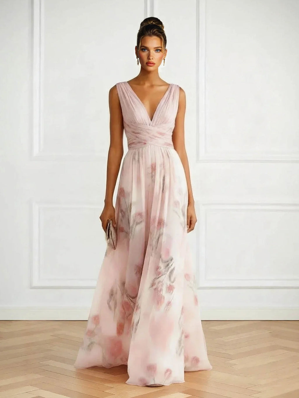 Floral Print Tulle Maxi Dress V Neck Wedding Guest