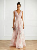 Floral Print Tulle Maxi Dress V Neck Wedding Guest