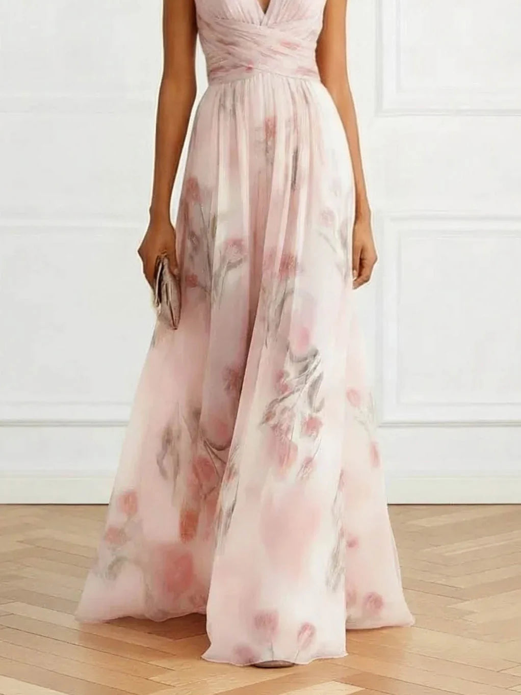 Floral Print Tulle Maxi Dress V Neck Wedding Guest