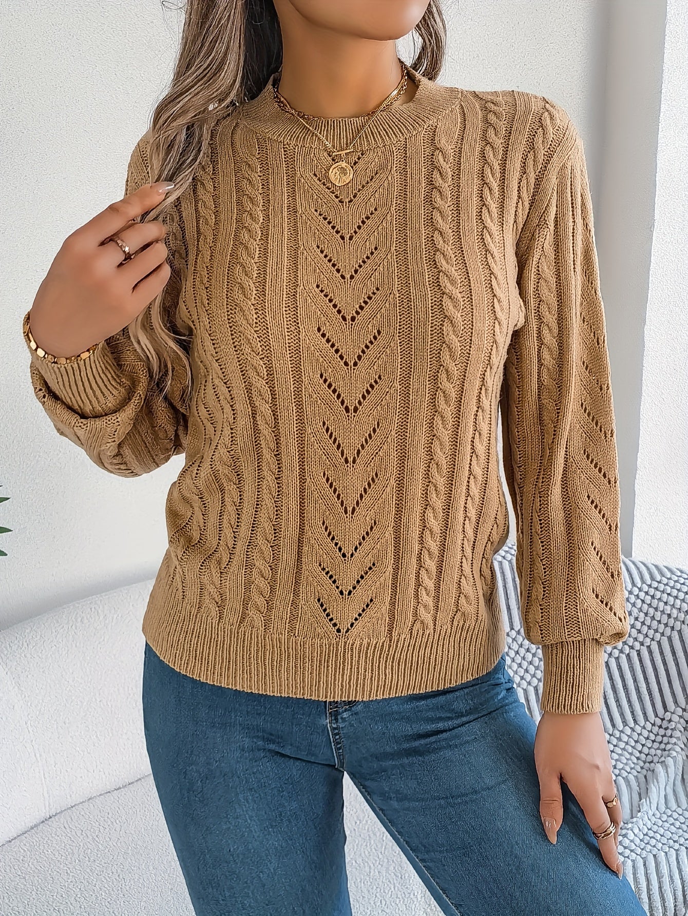 Khaki cable-knit textured sweater