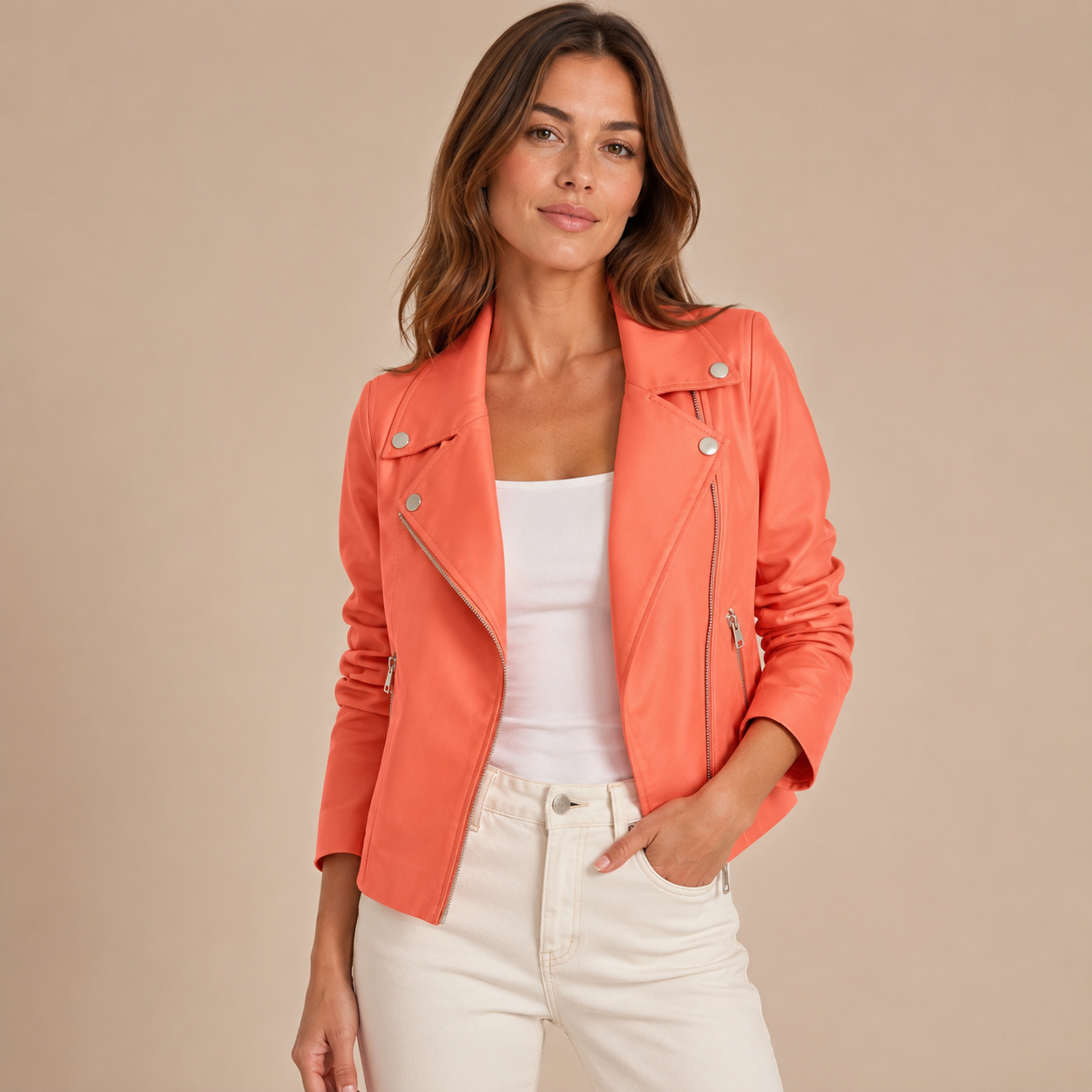 Orange Faux Leather Jacket, front view