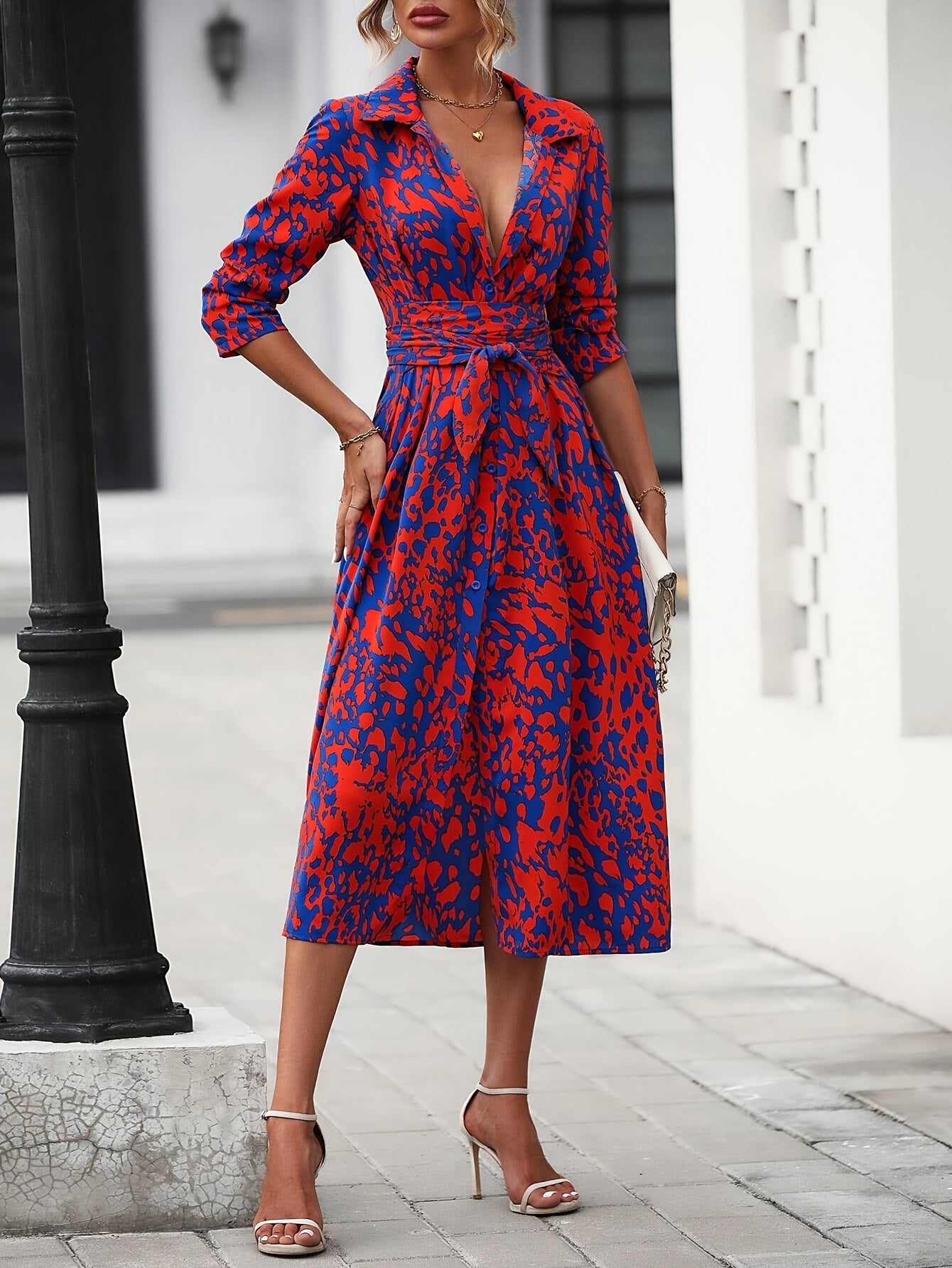 Geometric Print Belted Shirt Dress Summer