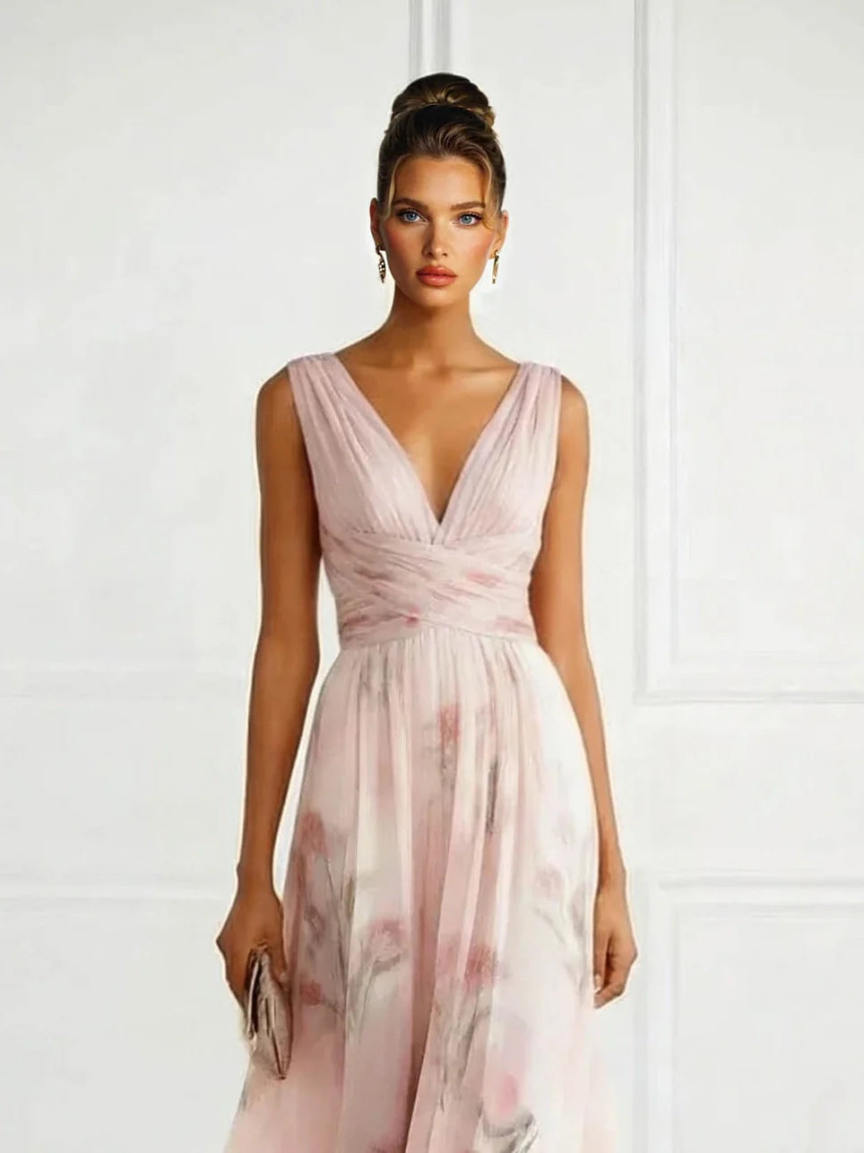 Floral Print Tulle Maxi Dress V Neck Wedding Guest