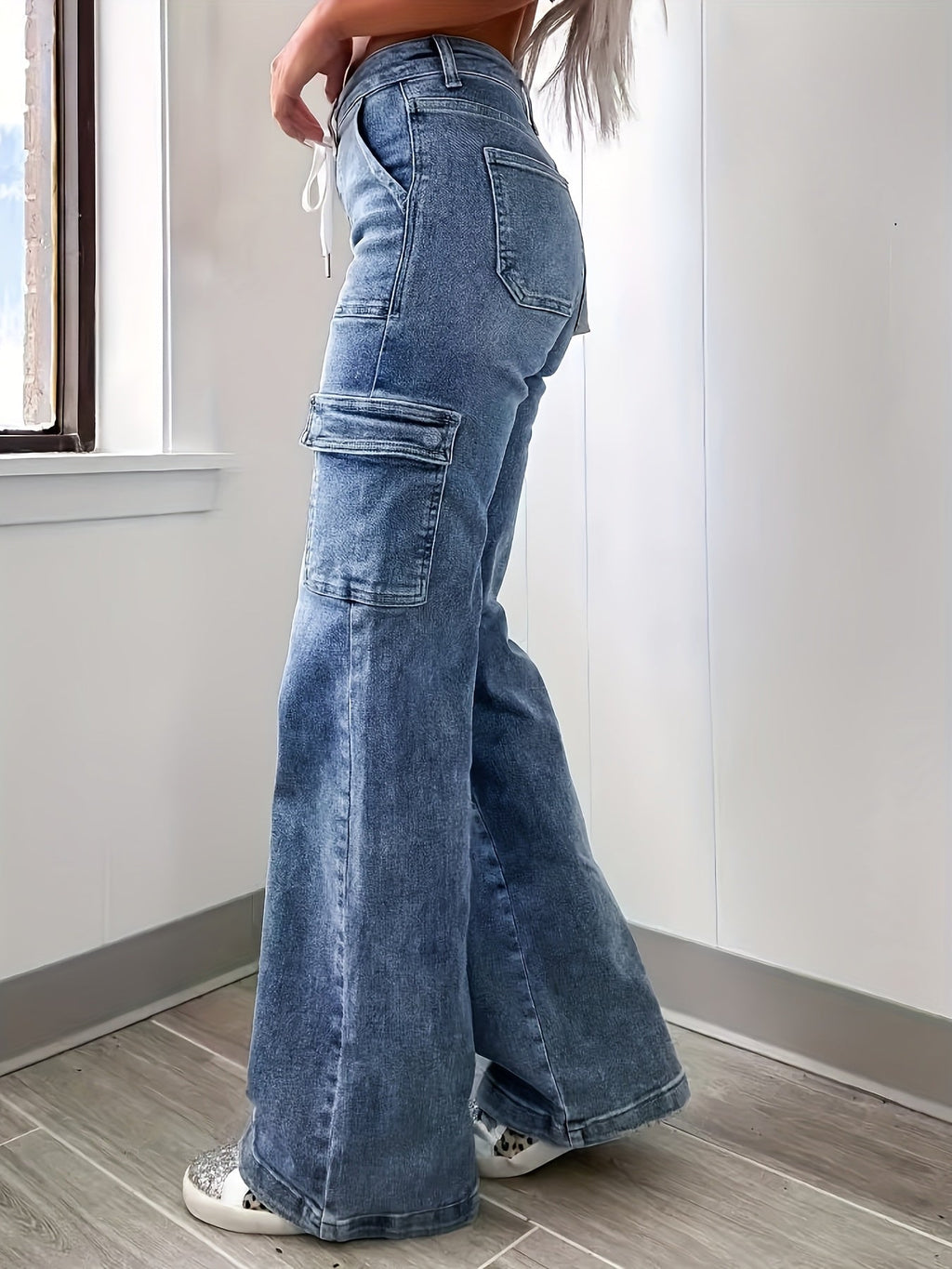 High-Waist Drawstring Cargo Jeans, front view