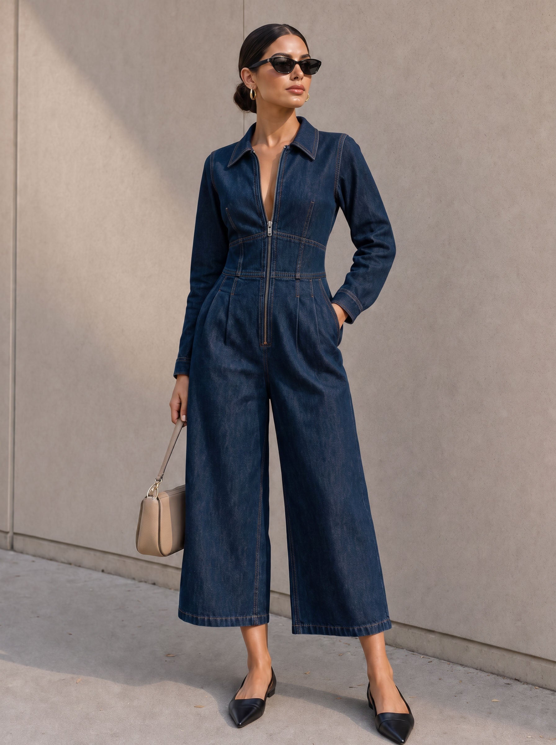 Navy Blue Cropped Denim-Blend Jumpsuit