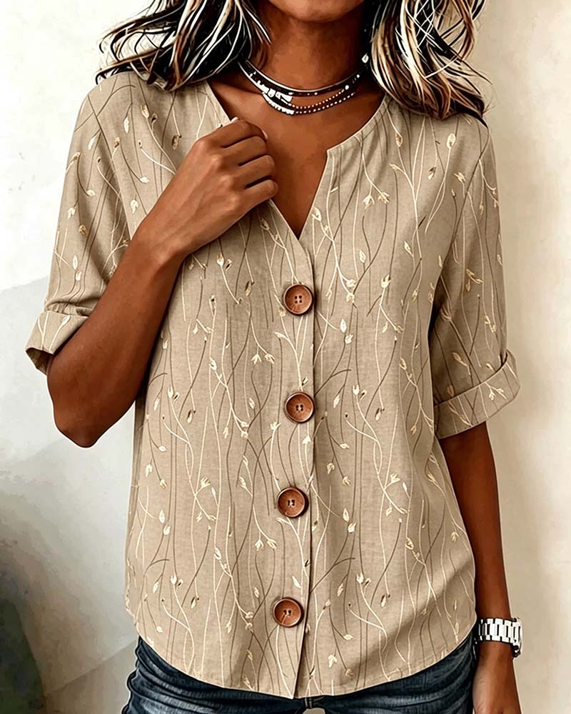 Khaki print casual blouse, full length view