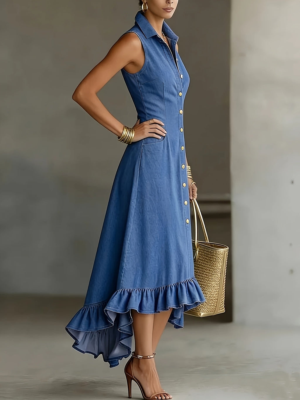 Blue Button-Front Denim Dress