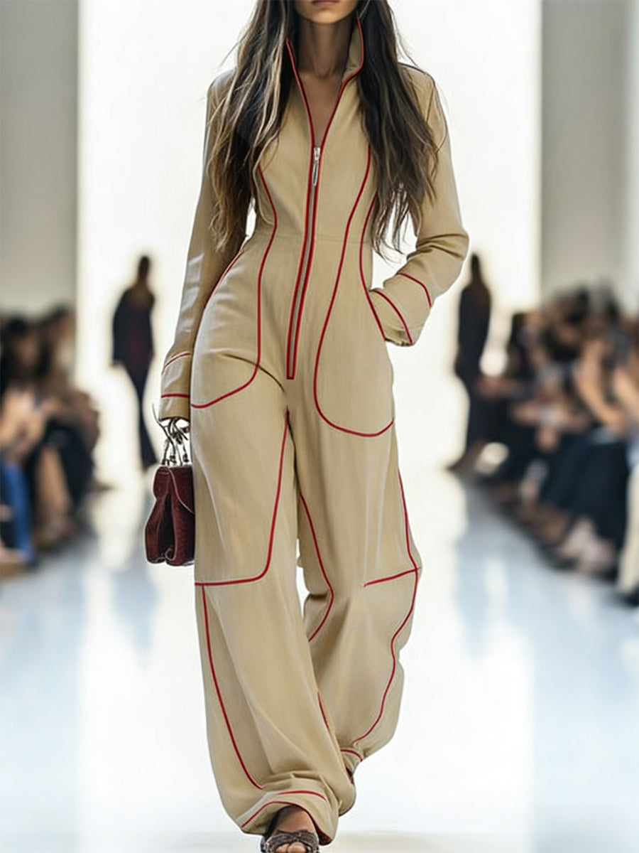 Denim Jumpsuit with Stand Collar