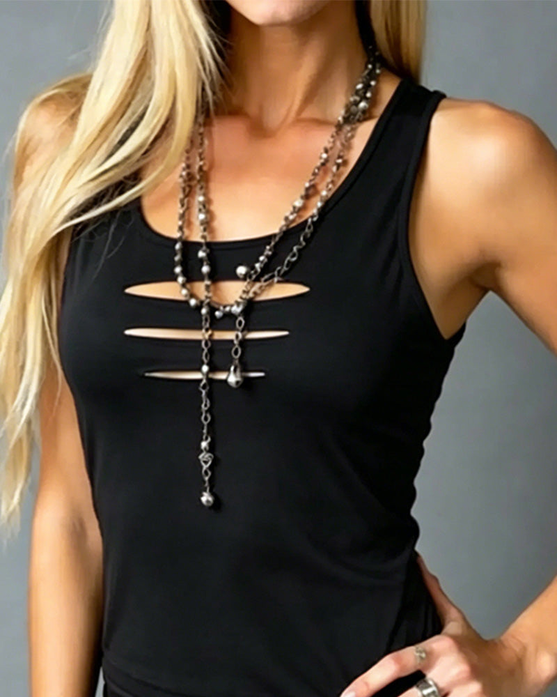 Black hollow cut-out tank top, side view