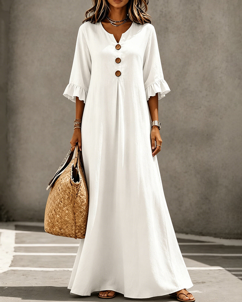 White V-neck button ruffle maxi dress, full length view