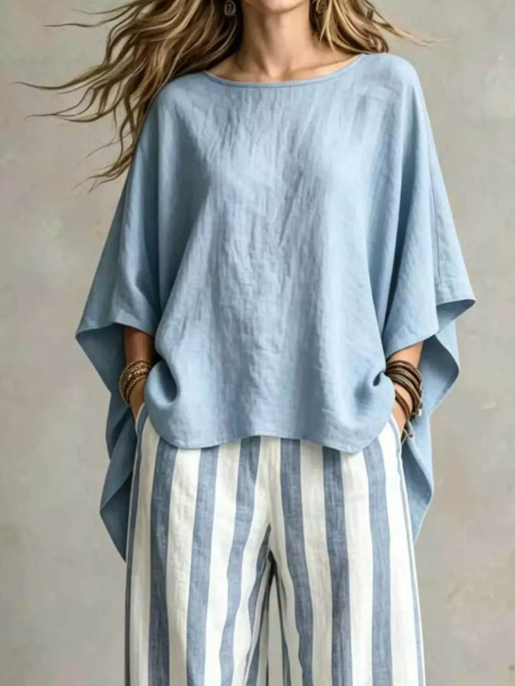 Sky Blue solid color top and trousers co-ord set