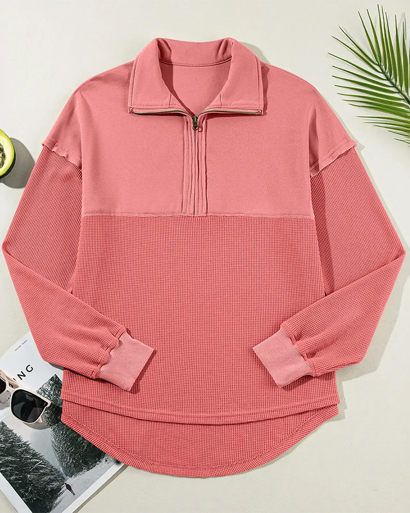 White half zip waffle patchwork sweatshirt, front view