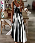 Black striped patchwork V-neck cami maxi dress, front view