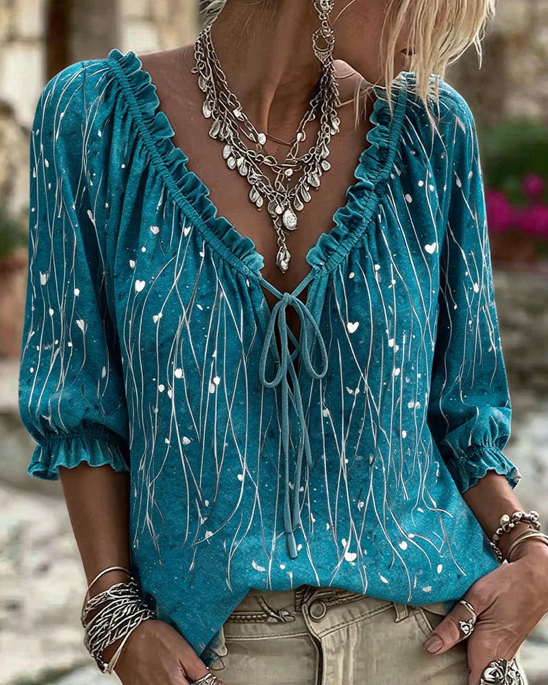 Blue heart print V-neck ruffle sleeve tie blouse, front view