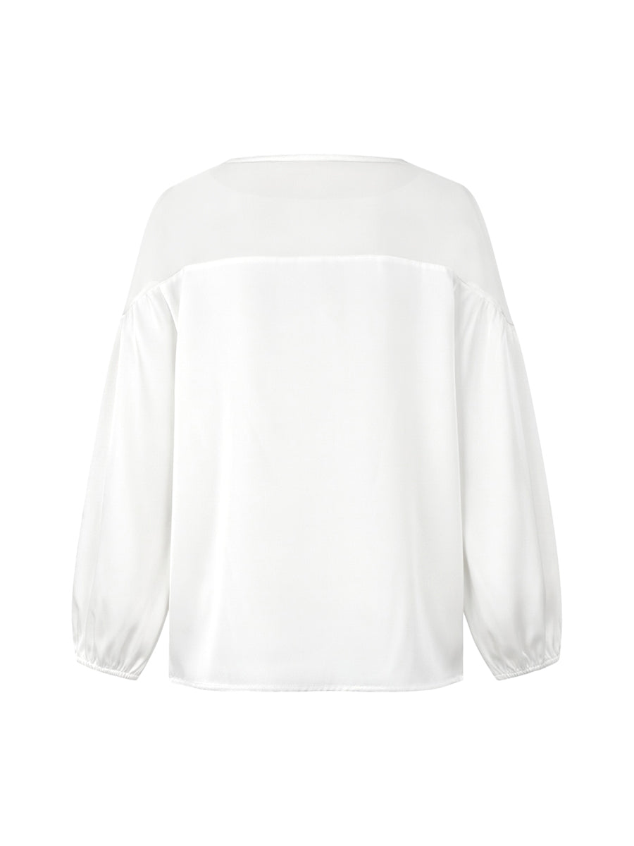 White floral applique mesh puff sleeve blouse, flat lay back view