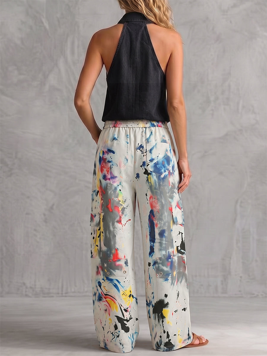 Light Grey Graffiti Print Wide-Leg High-Waisted Jeans, back view