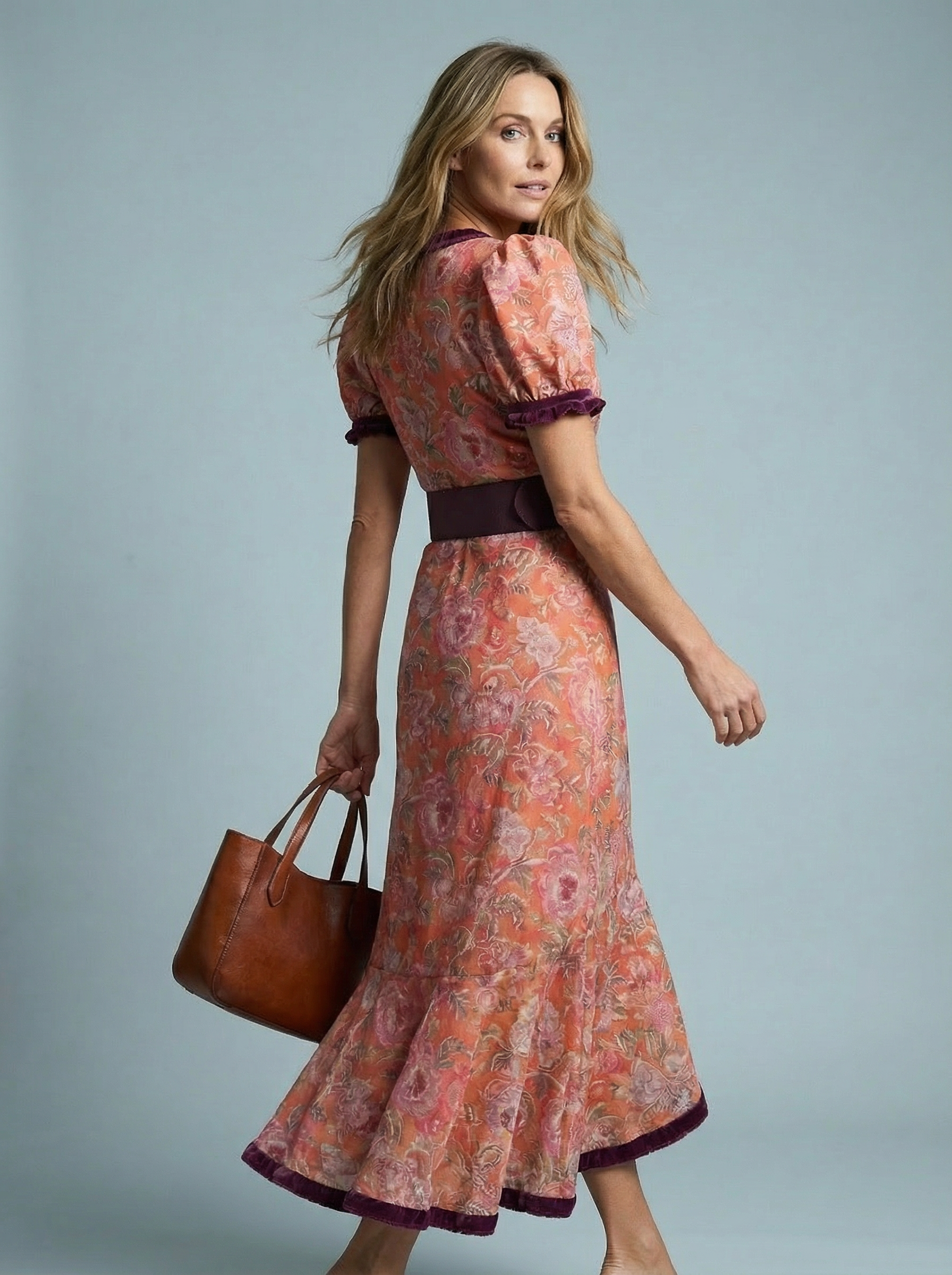 Women’s Belted Elegant Midi Dress with Puff Sleeves