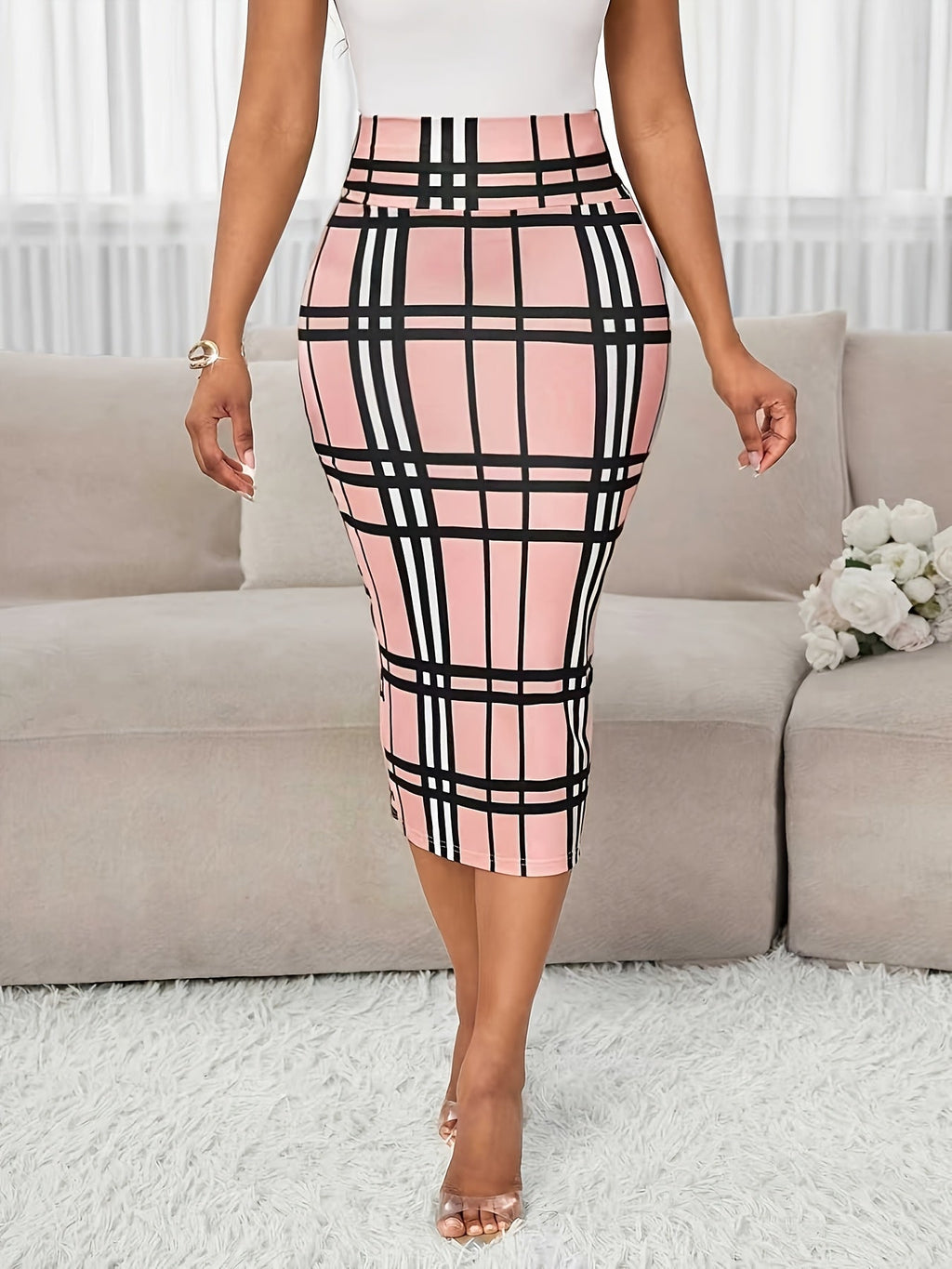 White Plaid Pencil Skirt