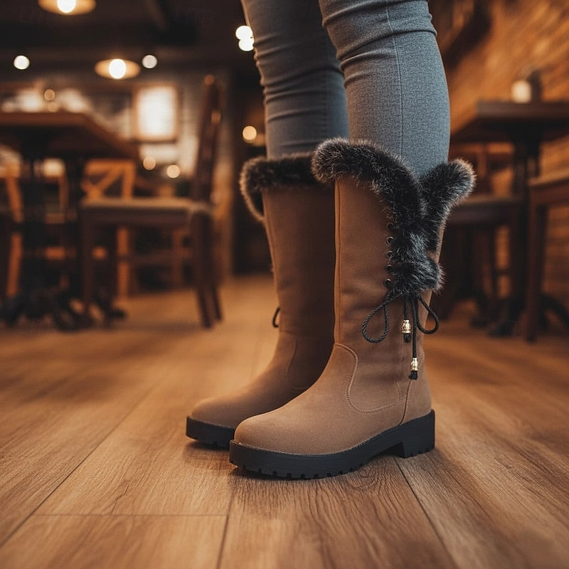 Yellow fur-trimmed knee-high winter Boots