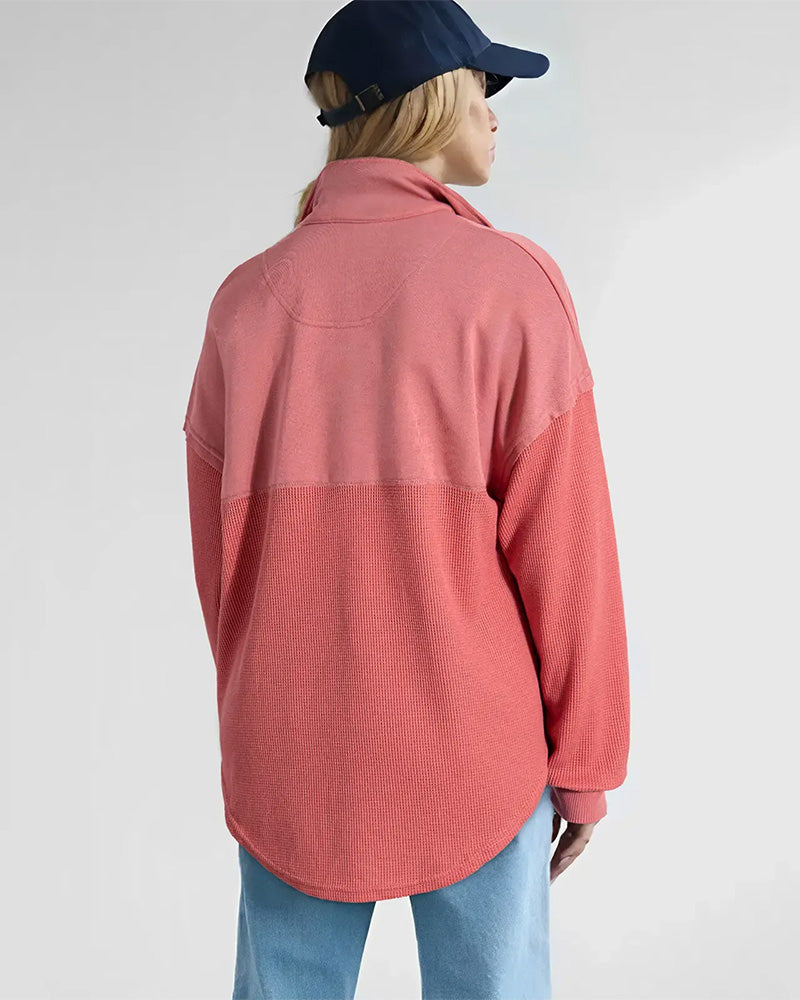 Gray half zip waffle patchwork sweatshirt, front view