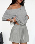 Gray one-shoulder batwing sleeve loose shorts set, front view