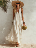 Elegant Coastal Resort Cream White Sleeveless Maxi Dress