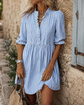 Blue striped V-neck ruffle bubble sleeve mini dress, front view