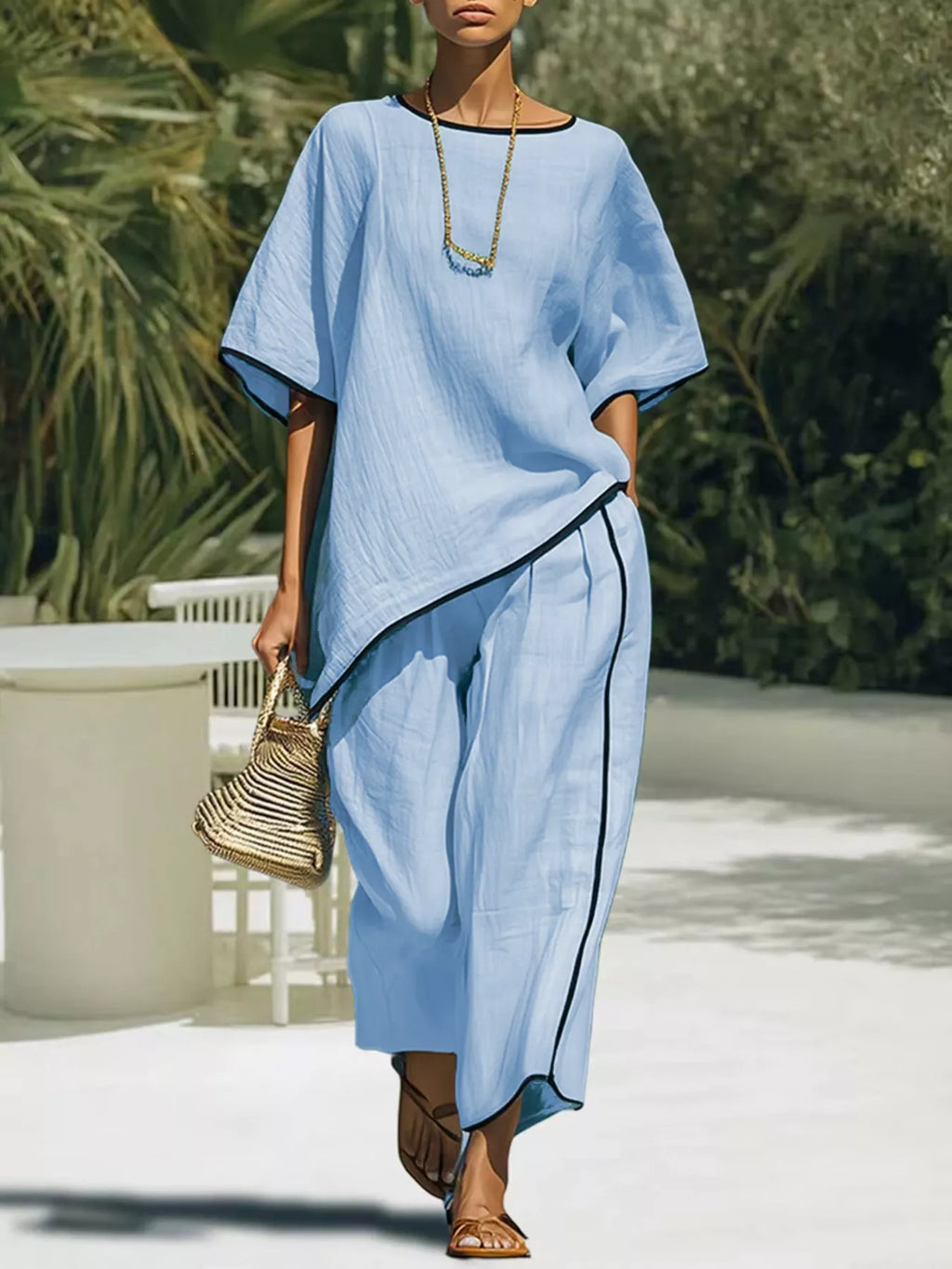 Sky Blue contrast trim round neck top and trousers co-ord set