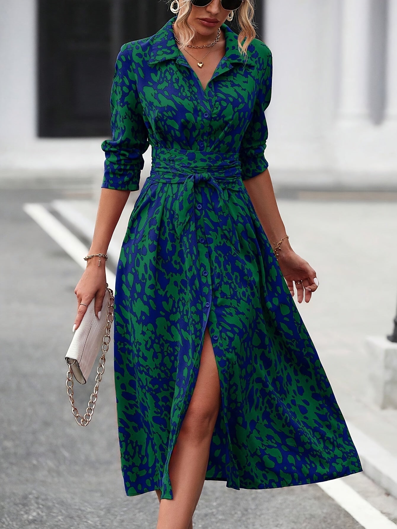 Geometric Print Belted Shirt Dress Summer