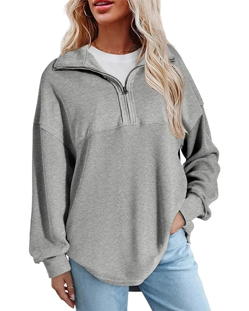 Pink half zip sweatshirt, full length view