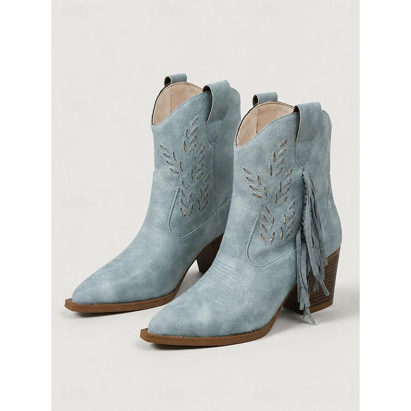 Blue Tasseled Western Ankle Boots