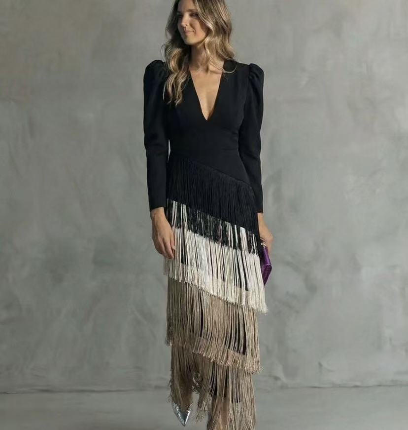 Brown Tiered Fringe Wedding Guest V-Neck Midi Dress