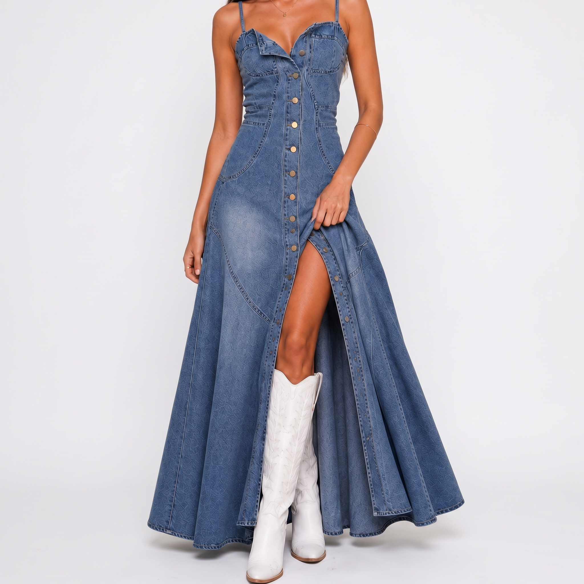 Blue Button-Front A-Line Denim Dress, front view