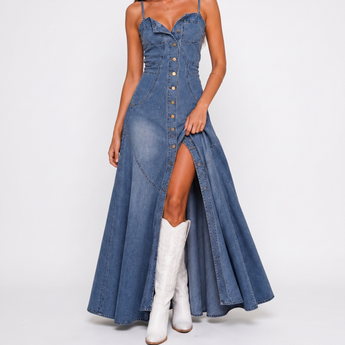 Blue Button-Front A-Line Denim Dress, front view