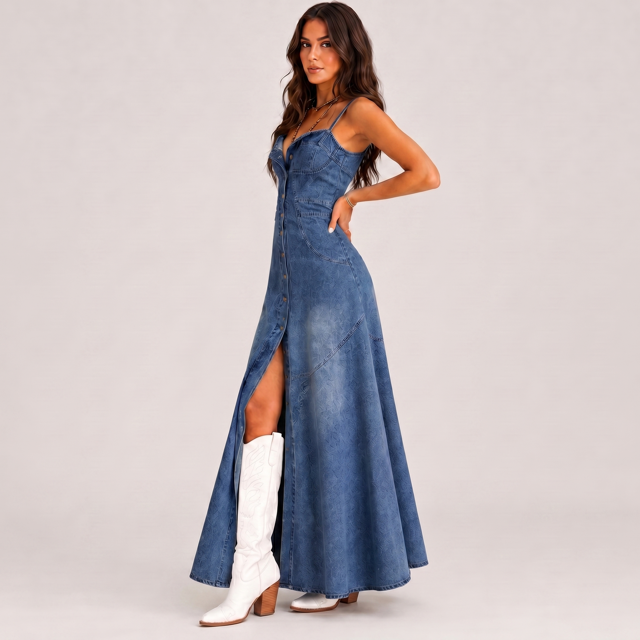 Blue Button-Front A-Line Denim Dress
